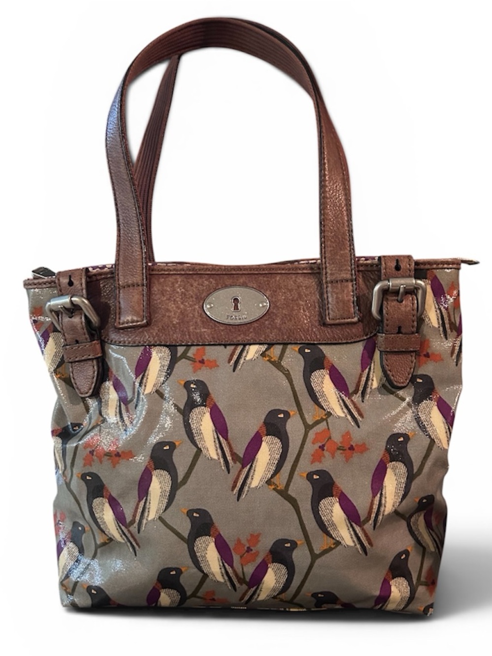 FOSSIL Key-Per Purse with Bird Print. Leather Trim. VGUC